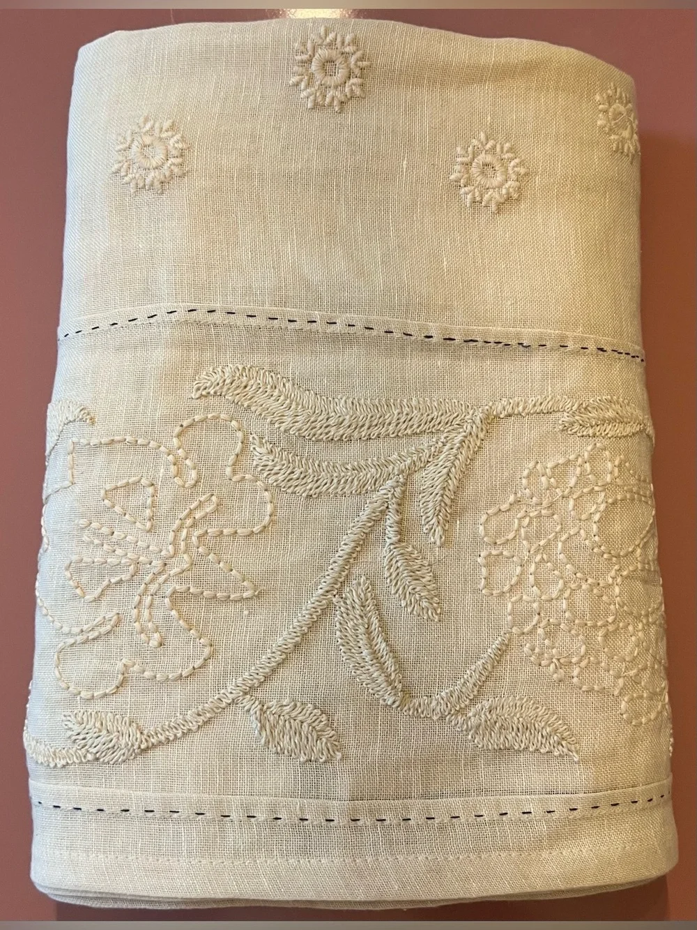 Anthropologie Manette Embroidered Cotton Linen Sheer Curtain, Neutral, 1 Panel